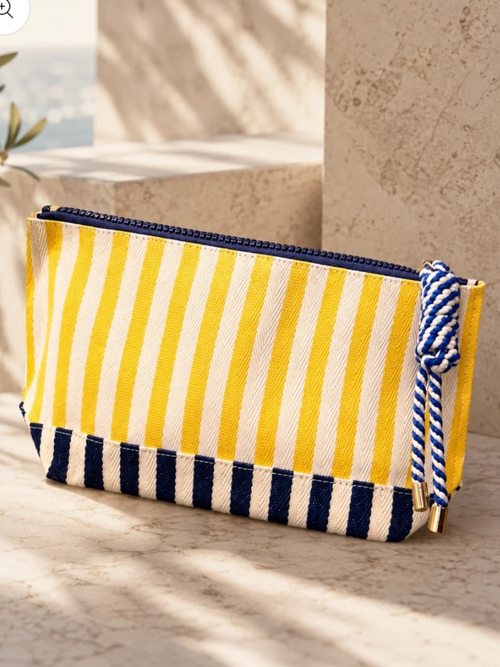 Yellow Striped Canvas Clutch with Navy Accents